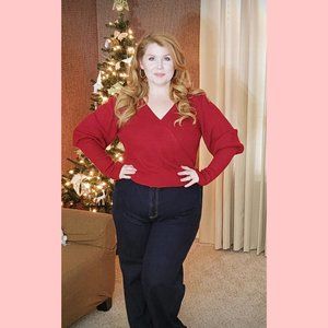 Burgundy Faux-Wrap Long Sleeve Sweater